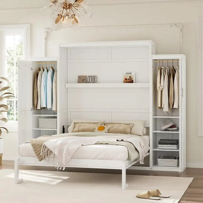 Queen Size Murphy Bed with 2 Wardrobes and Storage Shelf, Multifunctional Foldable Bed Frame