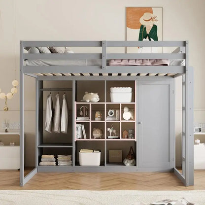 Full-Size Wood Loft Bed with Wardrobe, Shelves, and Storage Cabinet, Gray and Pink