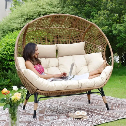 Lounge Chairs-Double Egg Chair Indoor Outdoor Stationary Thicken Padded Cushions,680 lbs，
