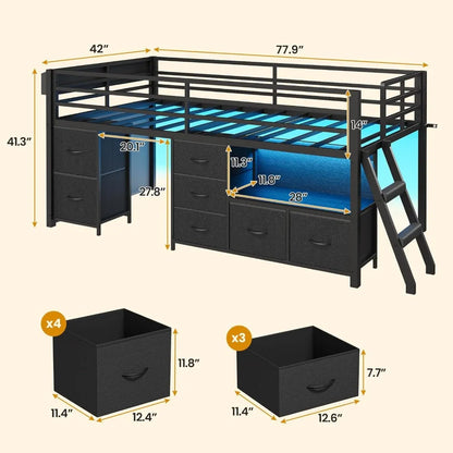 Low, Loft Bed Twin Size with 7 Storage Drawers, Bookcase and LED Lights, Metal Kids Loft Bed with 14" H Safety Guardrail, Incline Ladder