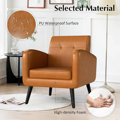 Accent Chairs Set of 2, Brown PU Leather Living Room Chairs, Upholstered Armchairs Single Sofa Chair