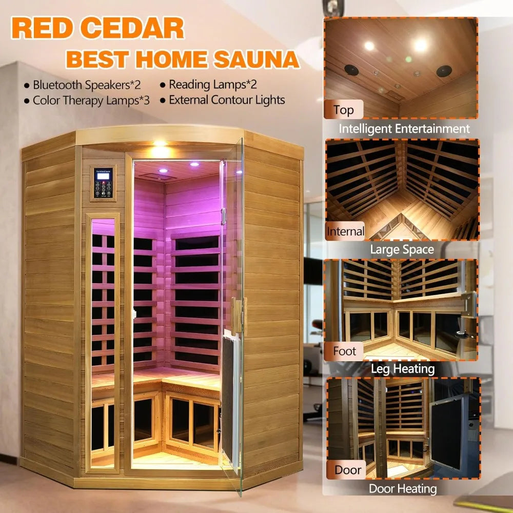 2-3 Person Corner Infrared Sauna, 1760W Low EMF, Red Cedar Wood with Heating Panels & Bluetooth