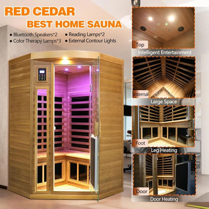 2-3 Person Corner Infrared Sauna, 1760W Low EMF, Red Cedar Wood with Heating Panels & Bluetooth