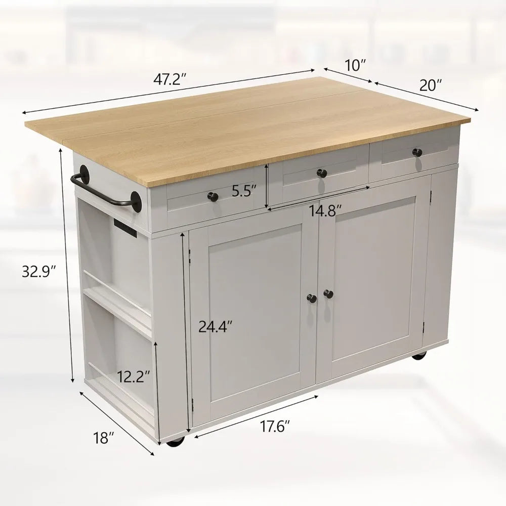 Kitchen Island Cart with 47.2" Wood Top, with Storage Cabinet & Drop Leaf, Rolling Kitchen Table
