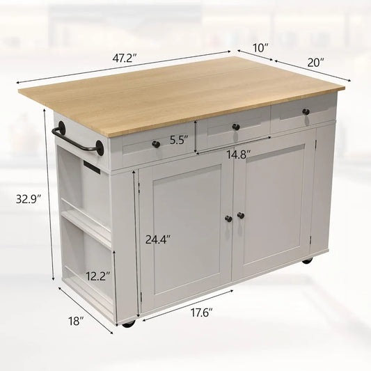 Kitchen Island Cart with 47.2" Wood Top, with Storage Cabinet & Drop Leaf, Rolling Kitchen Table