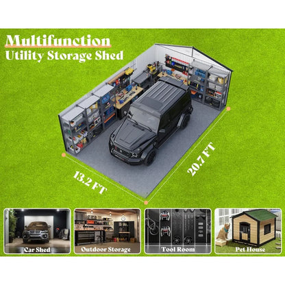 13.2x21x8 FT Outdoor Metal Garage Shed, Extra Large Storage Shed with Double Hinged Doors, 4 Windows, Carport