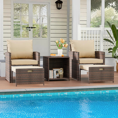 5-Piece All-Weather Pe Rattan Patio Set, High Back Chairs With 2 Ottomans & Table, Soft Cushions For Garden & Porch