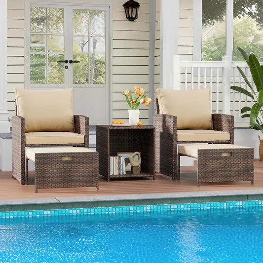 5-Piece All-Weather Pe Rattan Patio Set, High Back Chairs With 2 Ottomans & Table, Soft Cushions For Garden & Porch