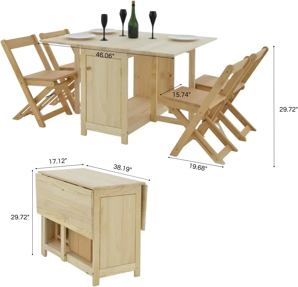 Solid, Natural, Unfinished Wood Folding Dining Table &Chair Set - Drop Leaf Design - Space-Saving,  with Storage
