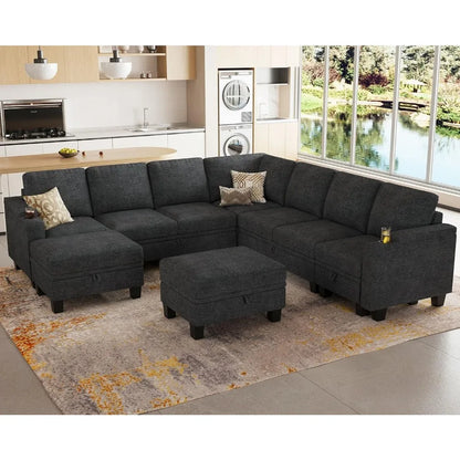 Sectional Sofa Couch with Storage, U Shape Convertible Corner Couches for Living Room Dark Grey Couch