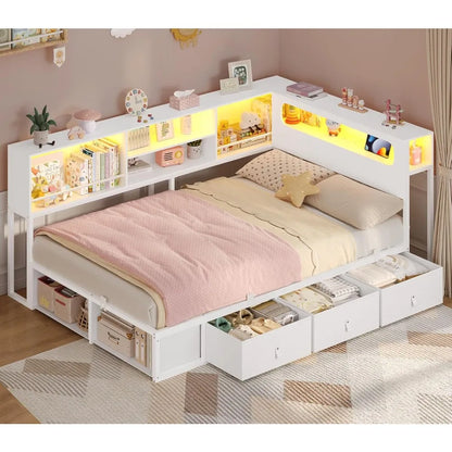 twin corner bed frame with bookcase storage & led light headboard, metal daybed with 3 drawers & 2 open cubbiies