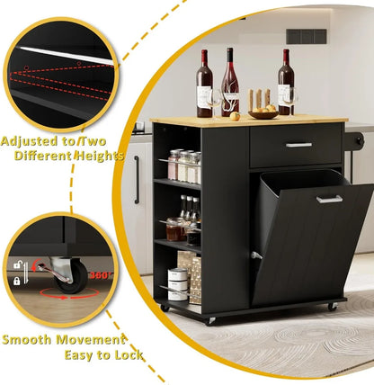 Rolling Kitchen Island with Trash Can Storage, Portable Cart on Wheels, Towel & Spice Rack, Black