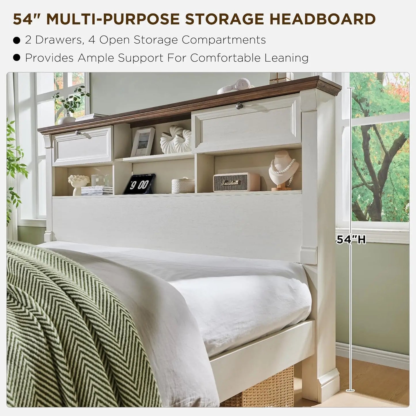 Farmhouse King Size Bed Frame with 54" Tall Storage Bookcase Headboard, Wood Platform Bed Frame(Antique White)