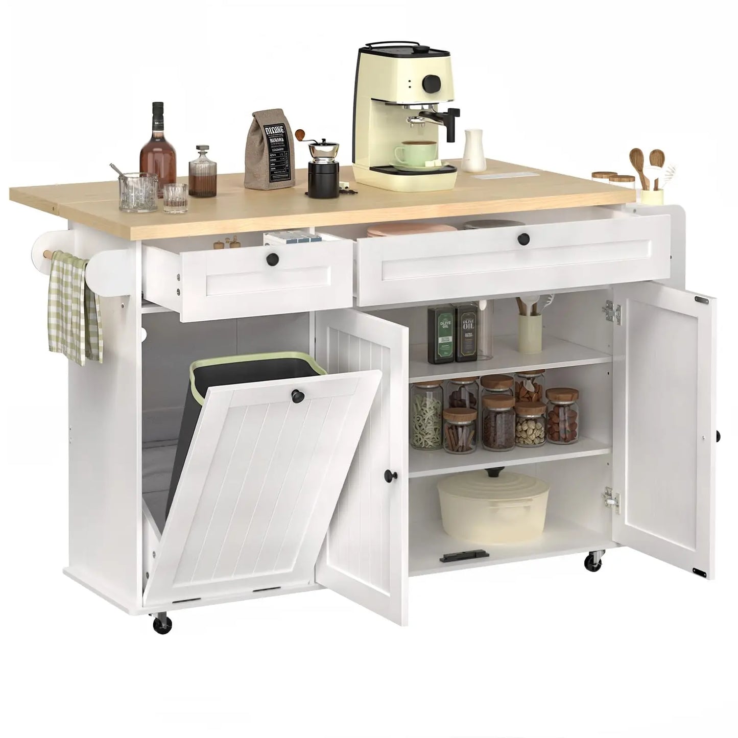 60" Mobile Kitchen Islands Rolling Trolleys Kitchen Island, Table Drop Leaf  Carts, Spice Towel Rack Trash