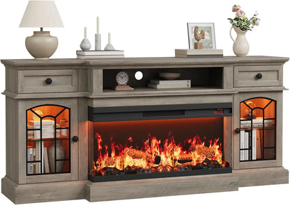 70" Farmhouse Fireplace TV Stand for TVs up to 80", Entertainment Center with 36" 3-Side Glass Electric Fireplace