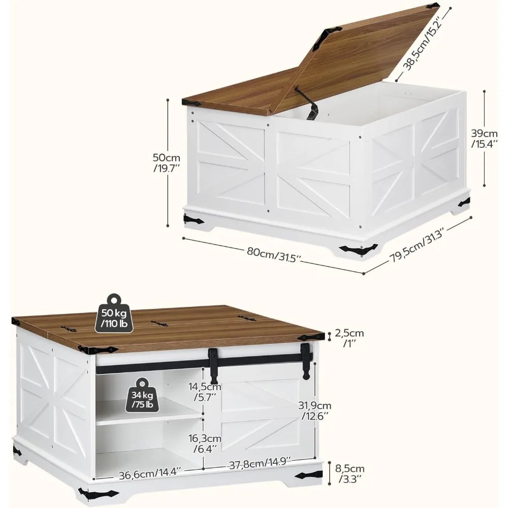 Large, Square, White, Farmhouse Coffee Table with Lift-Top Storage