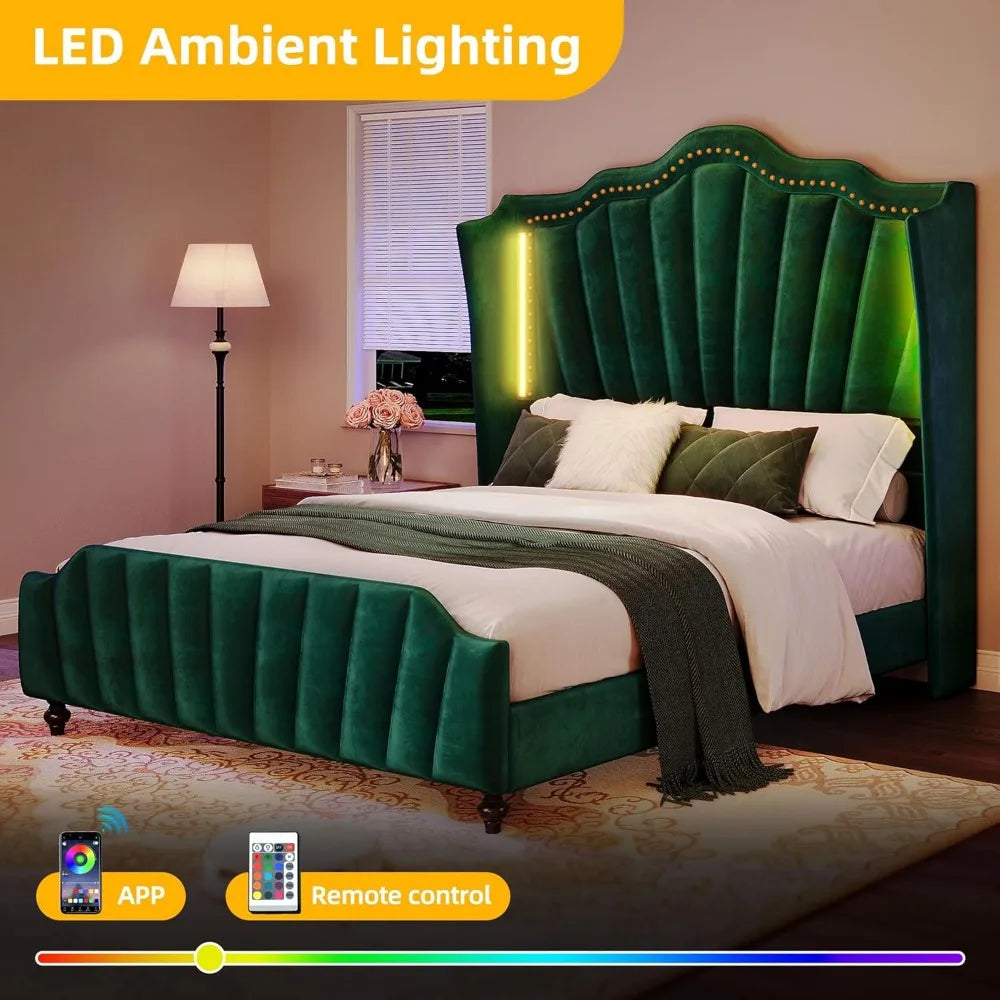 Queen Size Platform Bed Frame with 60" Tall Wingback Headboard and Footboard, Velvet Upholstered Bed with LED Light,