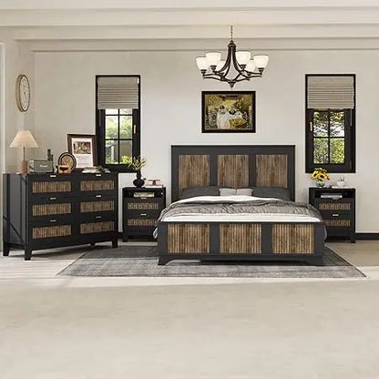 4 Piece Queen Bedroom Set,Queen Size Platform Bed  Qwith Wooden Strip Stickers Decoration, 2 Nightstands and Dresser, 4 Piece Fa