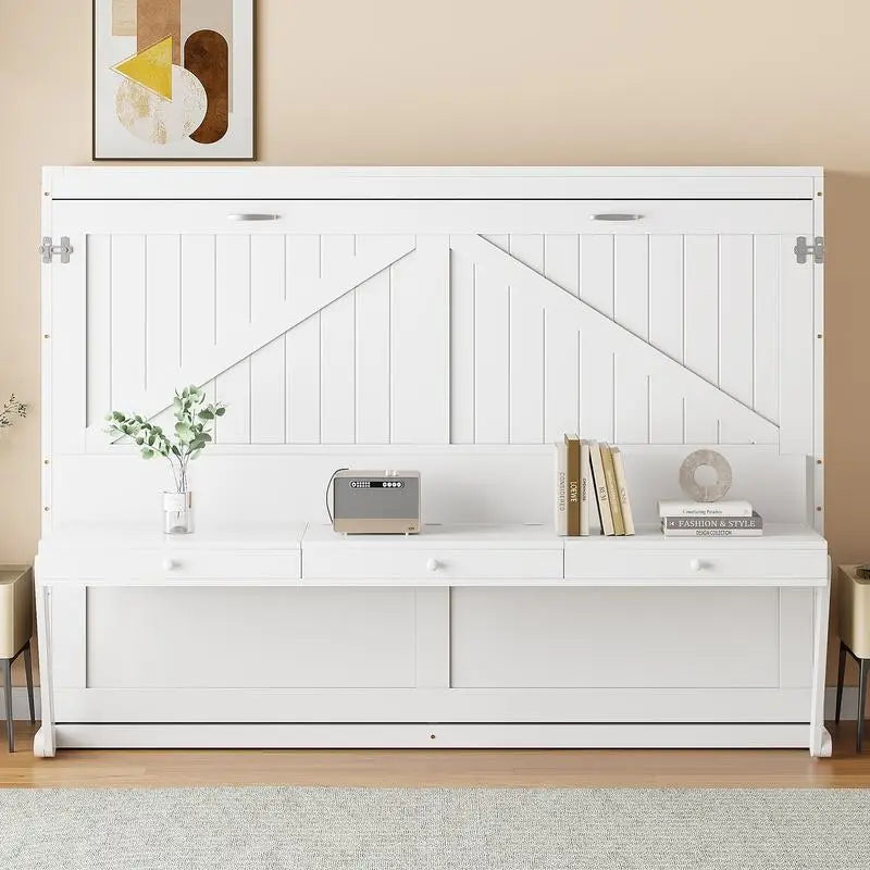 Queen Size Murphy Bed with Storage, Foldable Cabinet Bed with Desk, Center Mirror & 2 Side Drawers, White Finish