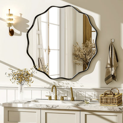 Wavy Round Bathroom Mirror Decorative Wall Mirror with Deep Frame