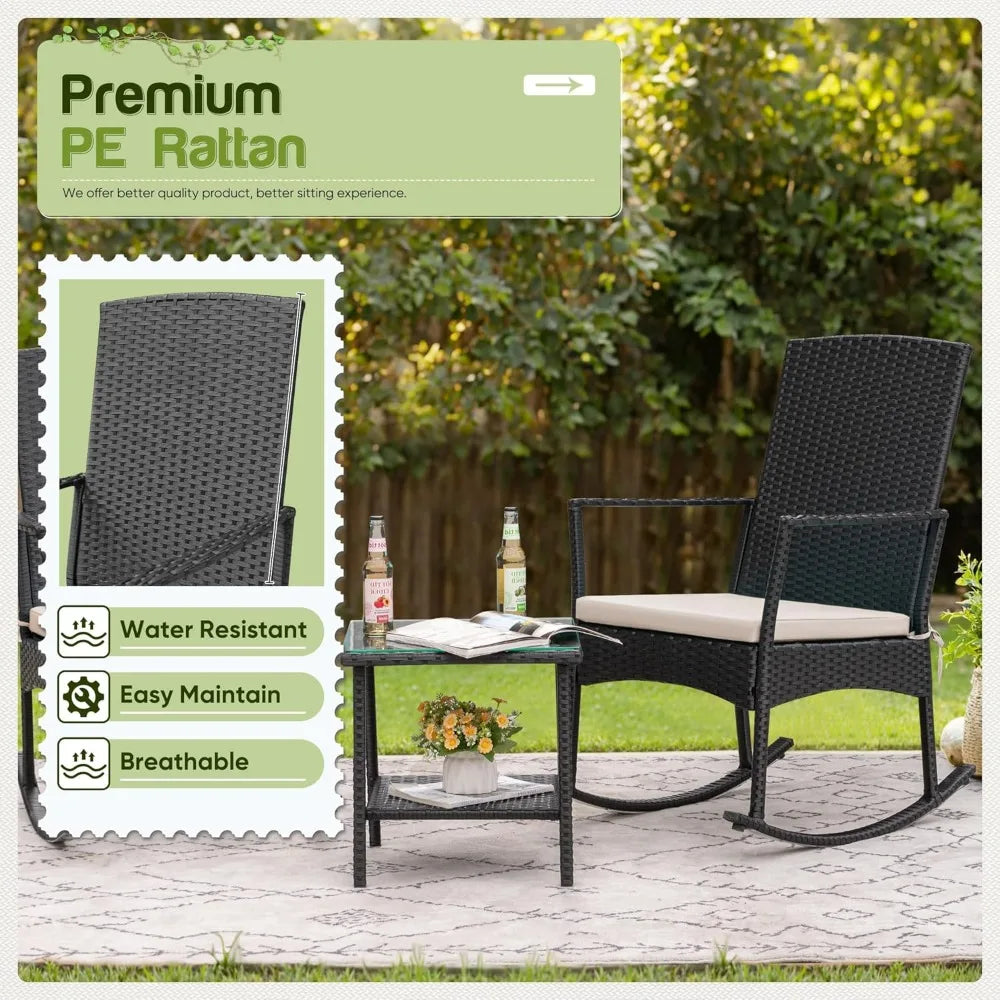 Rocking Chair Outdoor, Glass Table, High Back Porch Rocker for Balcony Garden Backyard (Beige)