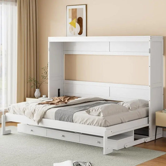 Queen Size Murphy Bed with Storage, Foldable Cabinet Bed with Desk, Center Mirror & 2 Side Drawers, White Finish