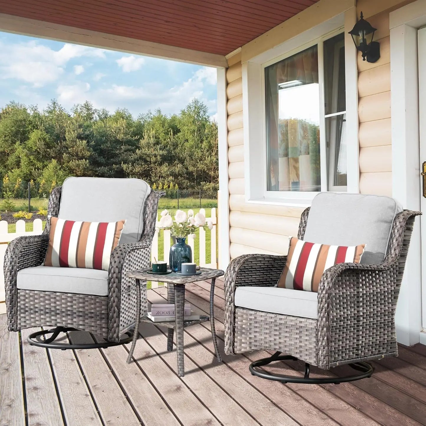 Luxury, Outdoor, Swivel Rocker Patio Chairs with Thick Cushions and Side Table,3 PCS High Back