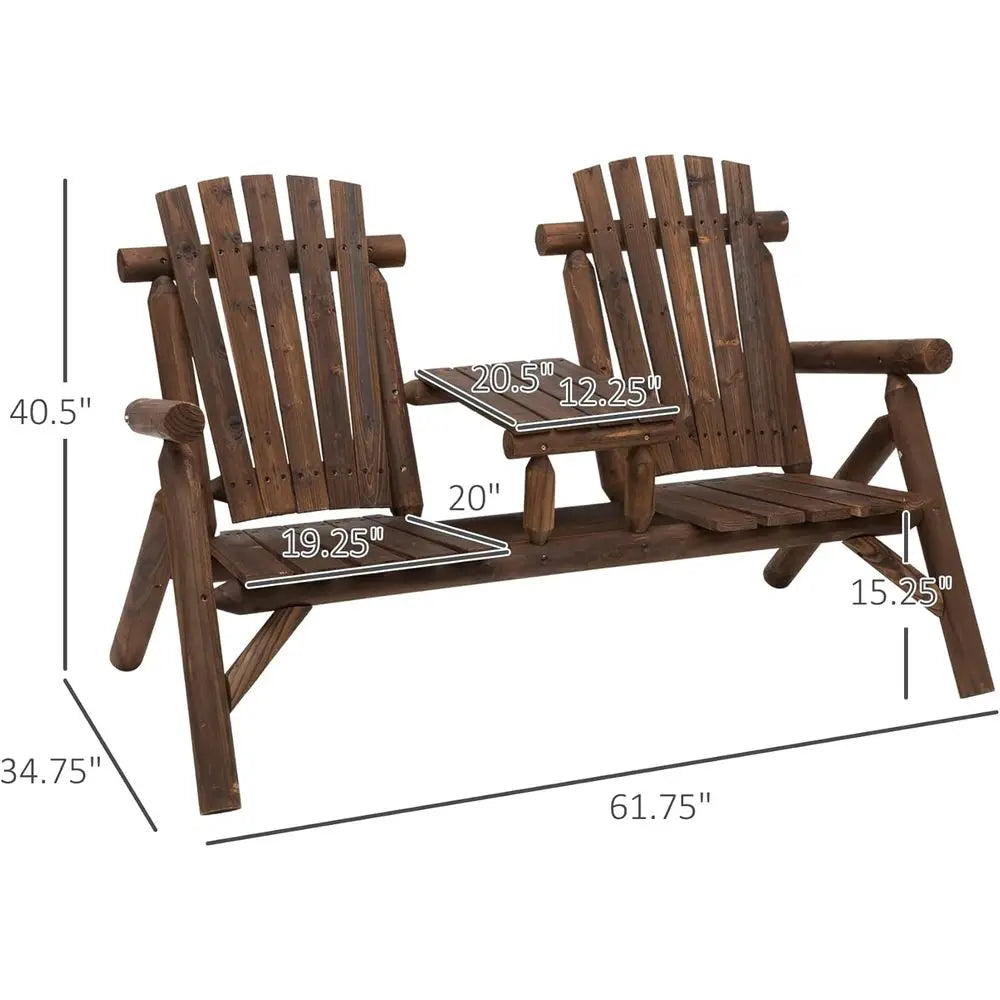 Wooden Adirondack Patio Bench with Table, Outdoor Loveseat Fire Pit Chair for Porch, Backyard, Deck, Carbonized