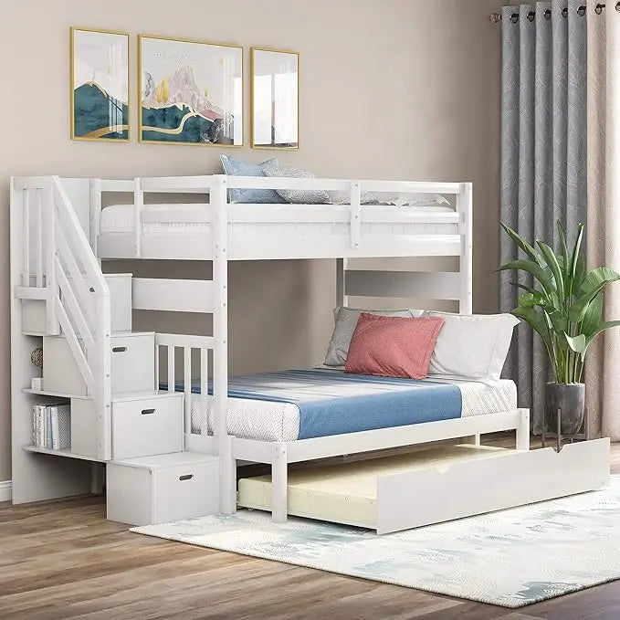 Stairway Twin Over Twin/Full Bunk Bed with Twin Size Trundle and Drawers, Solid Wood Bunk Bed, Staircase