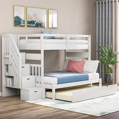 Stairway Twin Over Twin/Full Bunk Bed with Twin Size Trundle and Drawers, Solid Wood Bunk Bed, Staircase