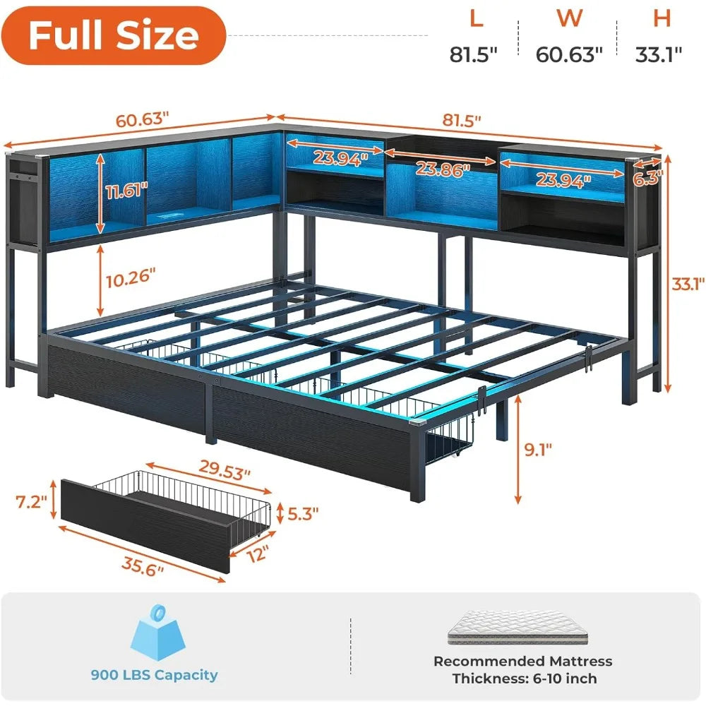 Full Corner Bed Frame with Bookcase Storage and Led Lights Metal Platform Bed Frame with 2 Drawers and Charging Station
