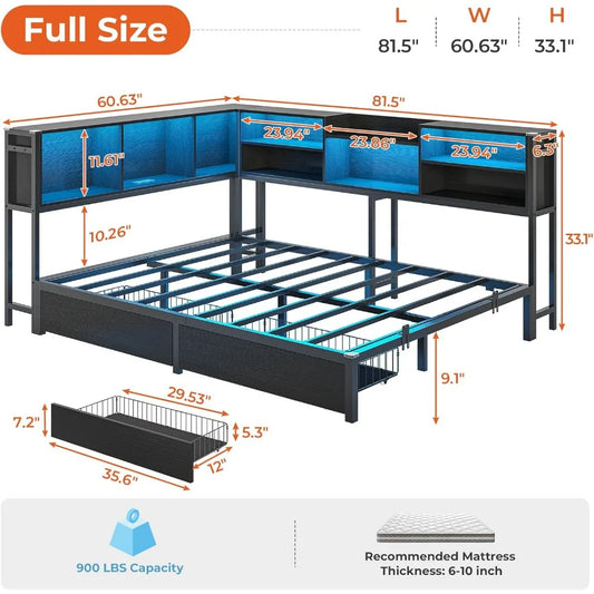 Full Corner Bed Frame with Bookcase Storage and Led Lights Metal Platform Bed Frame with 2 Drawers and Charging Station