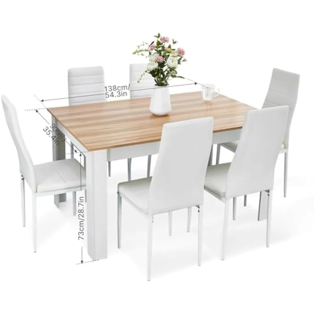 Dining Table and Chairs, Kitchen Table with 6 High Back Faux Leather Chairs