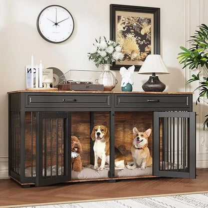 Large Wooden Dog Crate with Drawers and Divider, 64.6 Inch Indoor Double Room Dog Kennel