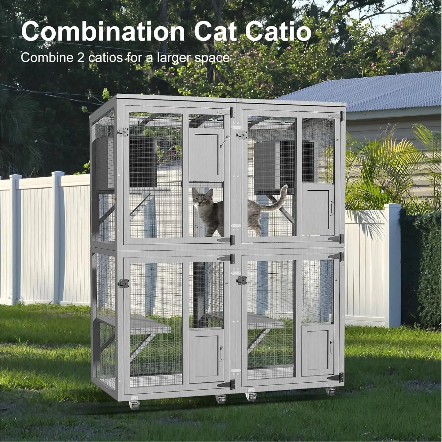 Cat Catio Outdoor Enclosure, 4 Tiers Cat Playpen, Wheels, Resting Box, Waterproof Roof, Large Pet House
