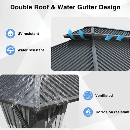 10x12~12x20FT Hardtop Gazebo Aluminum Frame Galvanized Steel Roof w/ Netting Curtain All Weather for Backyard Patio Garden