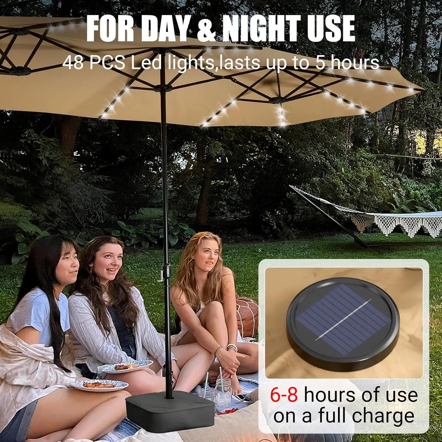 LEVELEVE 15FT Large Patio Patio Umbrella with Base & Solar LED Lights - Double-Sided,Kahaki