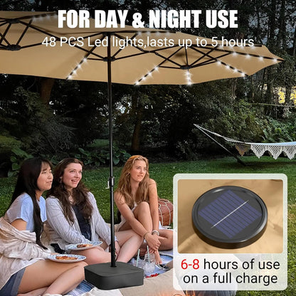 LEVELEVE 15FT Large Patio Patio Umbrella with Base & Solar LED Lights - Double-Sided,Kahaki