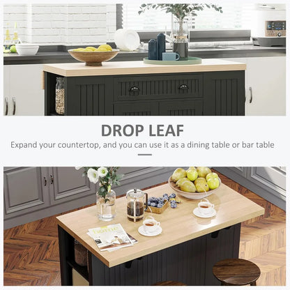 Fluted Wooden Kitchen Island with Drop Leaf, Drawer, and Open Shelves for Countertop Storage