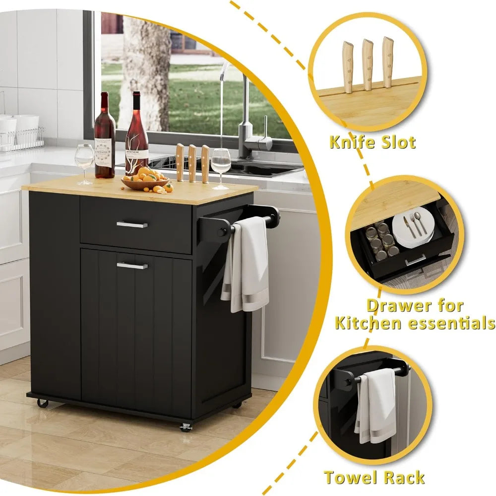 Rolling Kitchen Island with Trash Can Storage, Portable Cart on Wheels, Towel & Spice Rack, Black