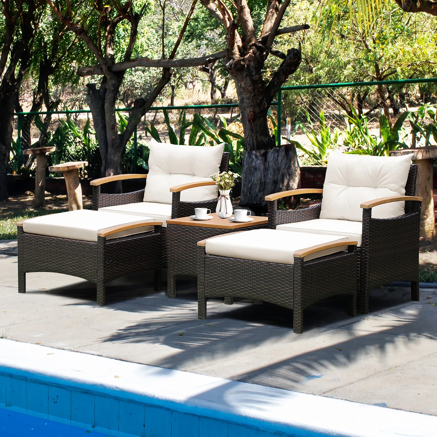 5PCS Patio Rattan Furniture Set, Sofa Ottoman Cushioned, Table W/Wood Top