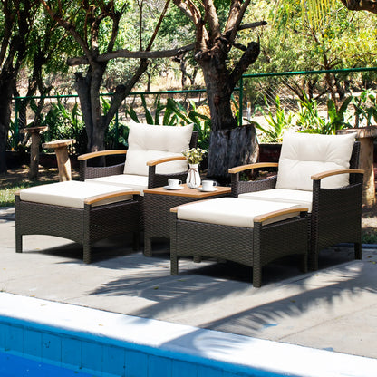 5PCS Patio Rattan Furniture Set, Sofa Ottoman Cushioned, Table W/Wood Top