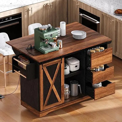"Rolling Kitchen Island with Drop Leaf, 55.5" Cart featuring Barn Door and Power Outlet"
