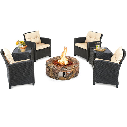 7PCS Patio Rattan Wicker Furniture Set Gas Fire Pit, Table, Sofa Cushion Chairs