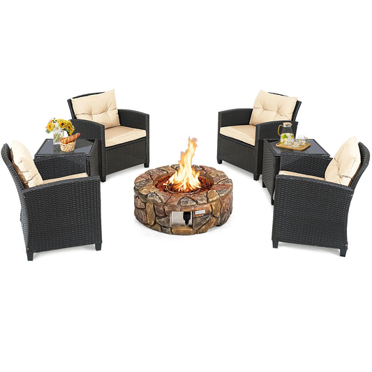 7PCS Patio Rattan Wicker Furniture Set Gas Fire Pit, Table, Sofa Cushion Chairs