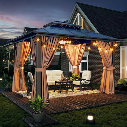 10x12ft Hardtop Gazebo with Double Roof, Aluminum Frame, Netting & Curtains - Outdoor Pavilion for Patio Garden