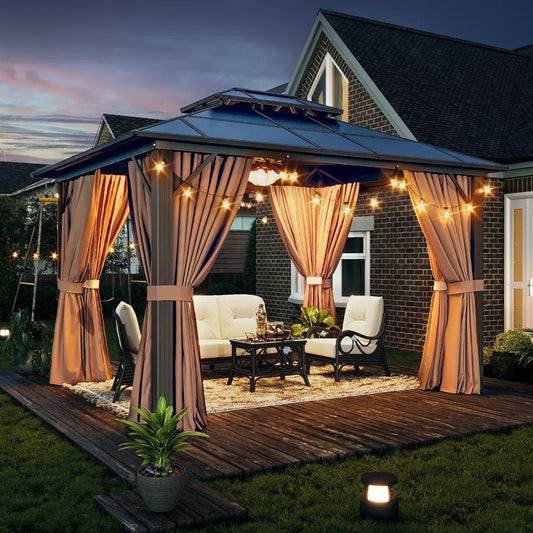 10x12ft Hardtop Gazebo with Double Roof, Aluminum Frame, Netting & Curtains - Outdoor Pavilion for Patio Garden