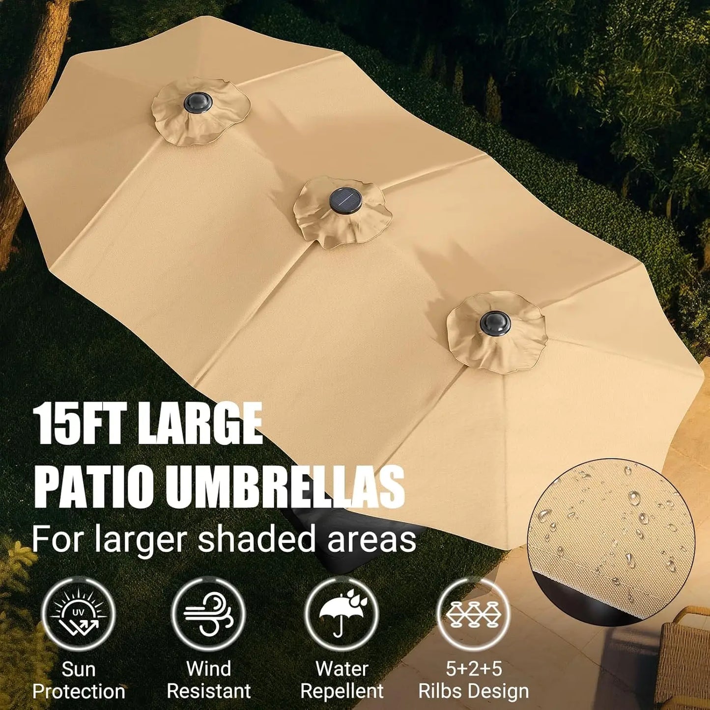 LEVELEVE 15FT Large Patio Patio Umbrella with Base & Solar LED Lights - Double-Sided,Kahaki
