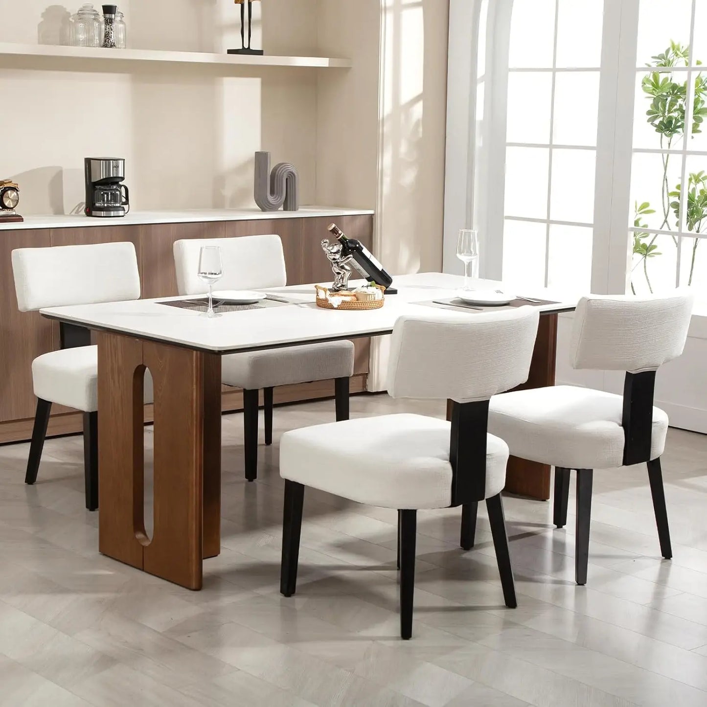 4-Pack Mid-Century Rattan Dining Chairs, Fabric Upholstered, Curved Back & Armless