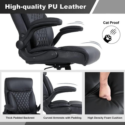 , Ergonomic PU Leather Computer Desk Chair with Lumbar Support, Flip-up Armrests and Adjustable Height